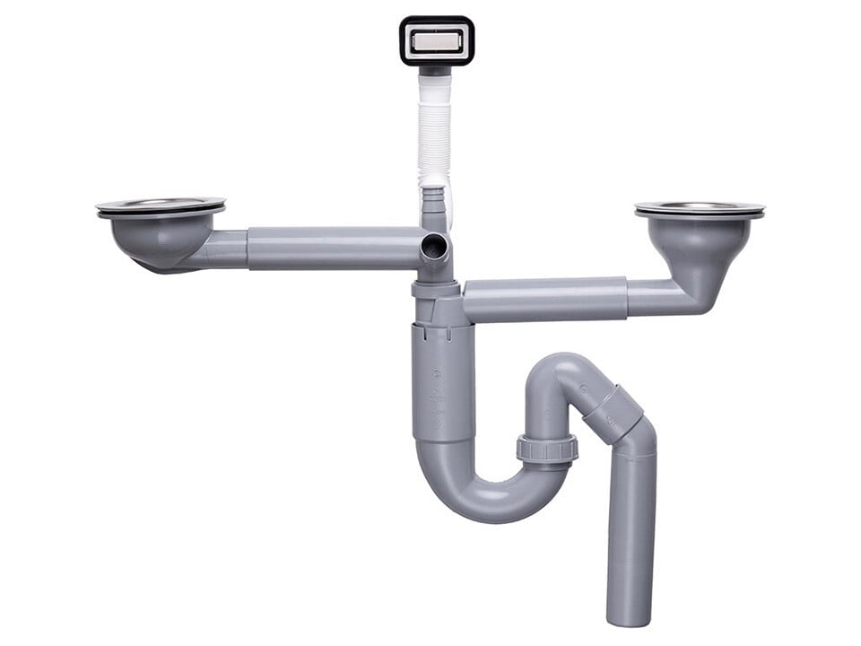 Sifon Save Space două cuve telescopic manual cu mască – preaplin dreptunghiular