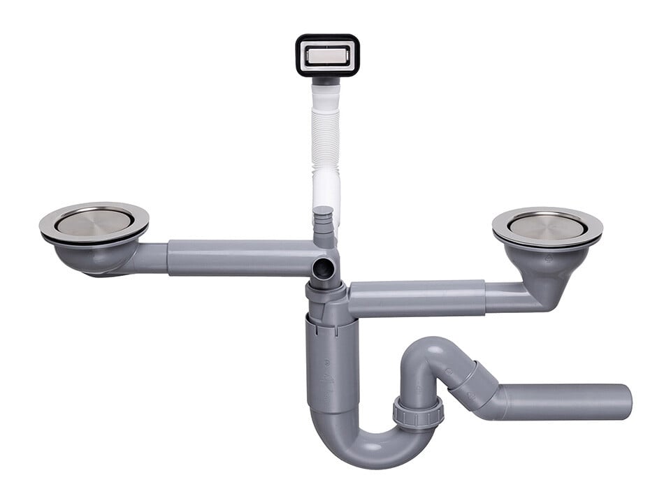 Sifon Save Space două cuve telescopic manual cu mască – preaplin dreptunghiular