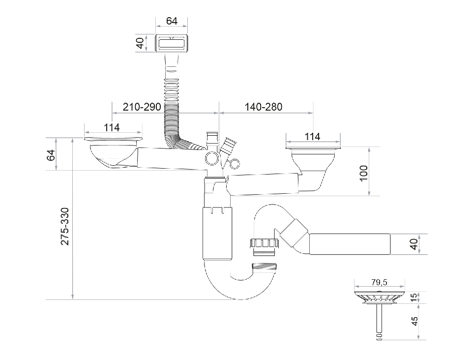 Sifon Save Space două cuve telescopic manual cu mască – preaplin dreptunghiular