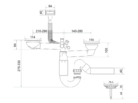 Sifon Save Space două cuve telescopic manual cu mască – preaplin dreptunghiular