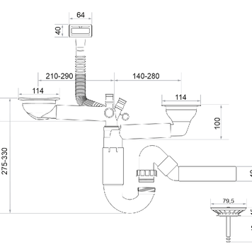 Sifon Save Space două cuve, telescopic, manual – preaplin dreptunghiular