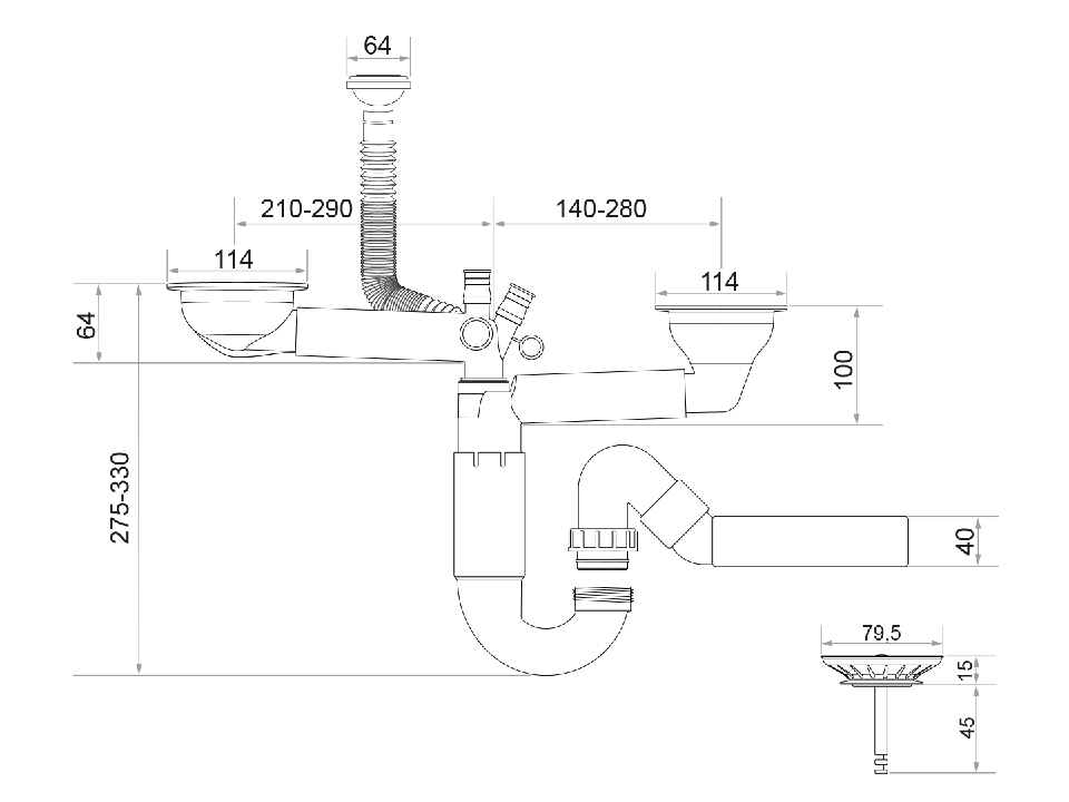 Sifon Save Space două cuve telescopic, manual cu mască – preaplin vertical