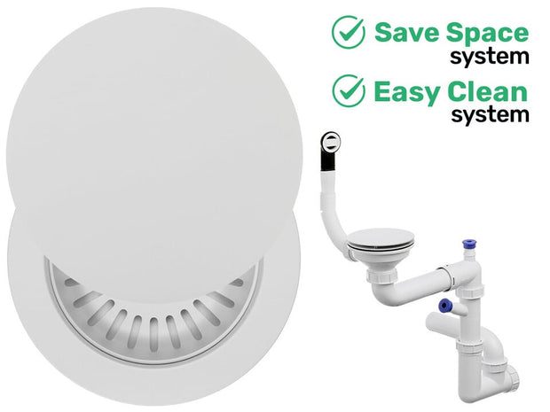 Sifon Save Space + Easy Clean pentru chiuvetă cu o cuvă — manual, cu mască, preaplin rotund