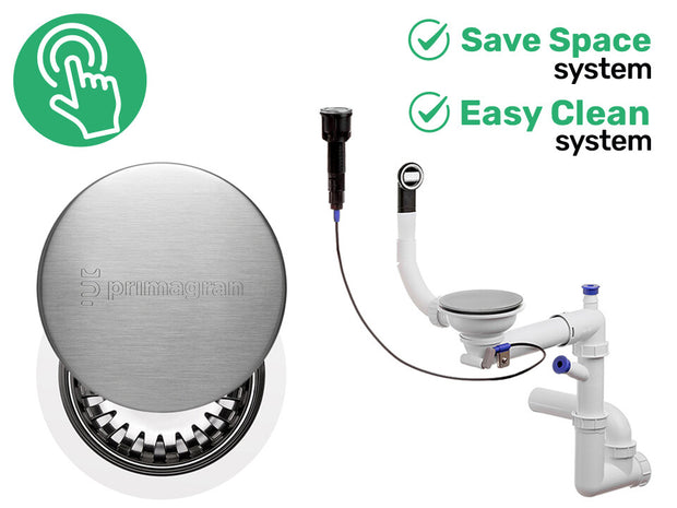 Sifon Save Space + Easy Clean, cuvă simplă, automat cu mască pentru chiuvete de bucătărie sub blat, preaplin rotund