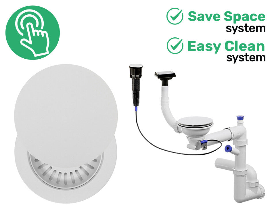 Sifon Save Space + Easy Clean pentru chiuvetă cu o cuvă — automat cu buton, cu mască, preaplin vertical