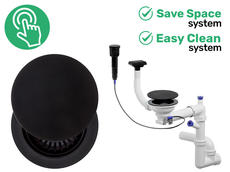 Sifon Save Space + Easy Clean pentru chiuvetă cu o cuvă — automat cu buton, cu mască, preaplin vertical