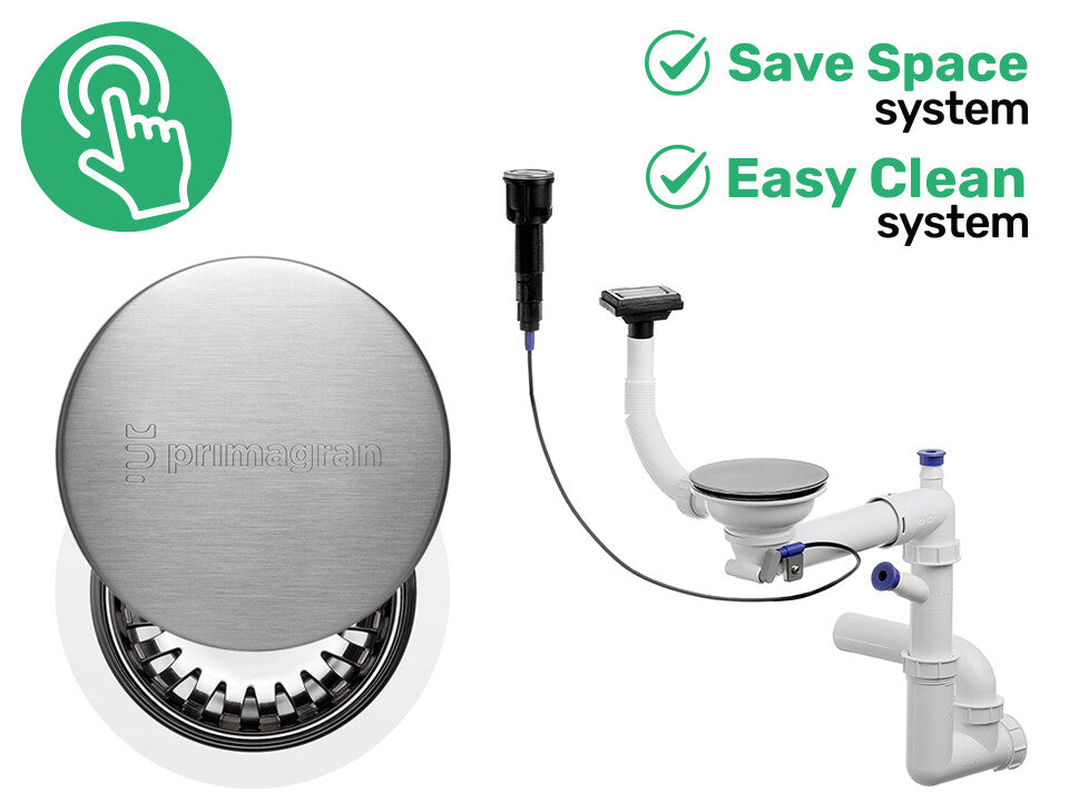 Sifon Save Space + Easy Clean pentru chiuvetă cu o cuvă — automat cu buton, cu mască, preaplin vertical