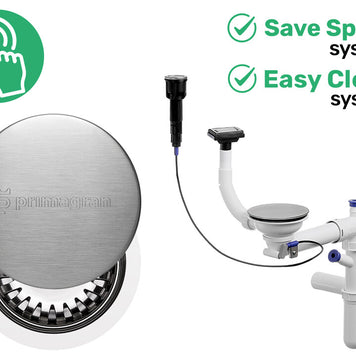 Sifon Save Space + Easy Clean pentru chiuvetă cu o cuvă — automat cu buton, cu mască, preaplin vertical