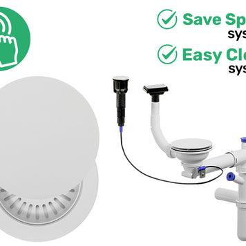 Sifon Save Space + Easy Clean pentru chiuvetă cu o cuvă — automat cu buton, cu mască, preaplin vertical