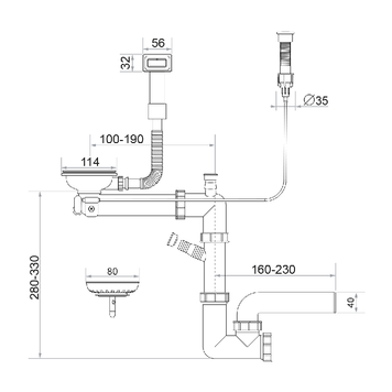Sifon compact pentru chiuvetă cu o cuvă – Save Space + Easy Clean, preaplin dreptunghiular, dop automat