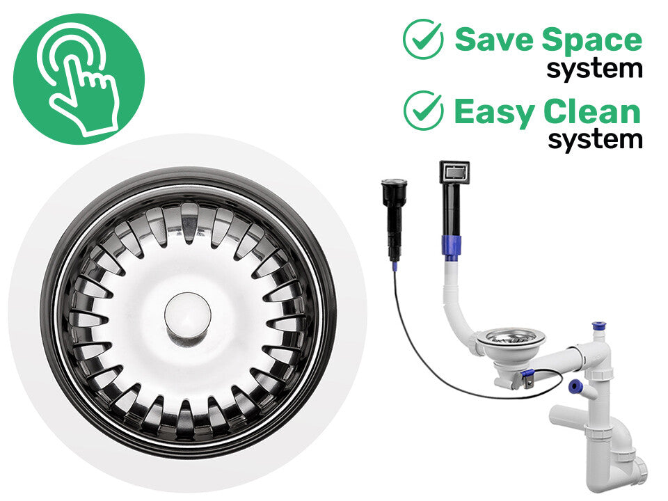 Sifon compact pentru chiuvetă cu o cuvă – Save Space + Easy Clean, preaplin dreptunghiular, dop automat