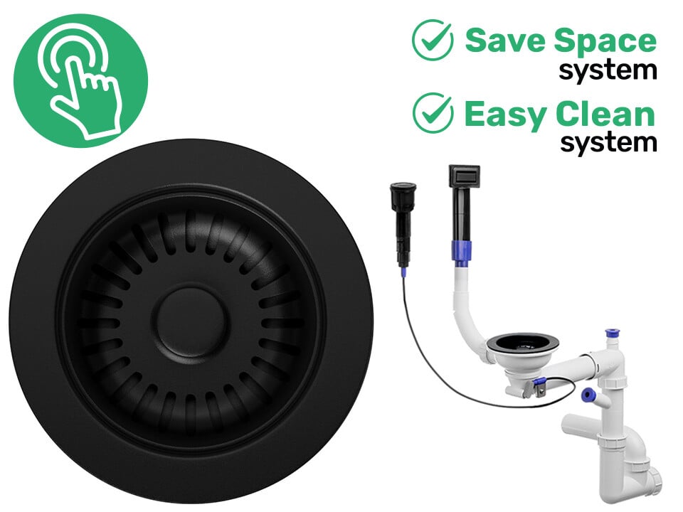 Sifon compact pentru chiuvetă cu o cuvă – Save Space + Easy Clean, preaplin dreptunghiular, dop automat