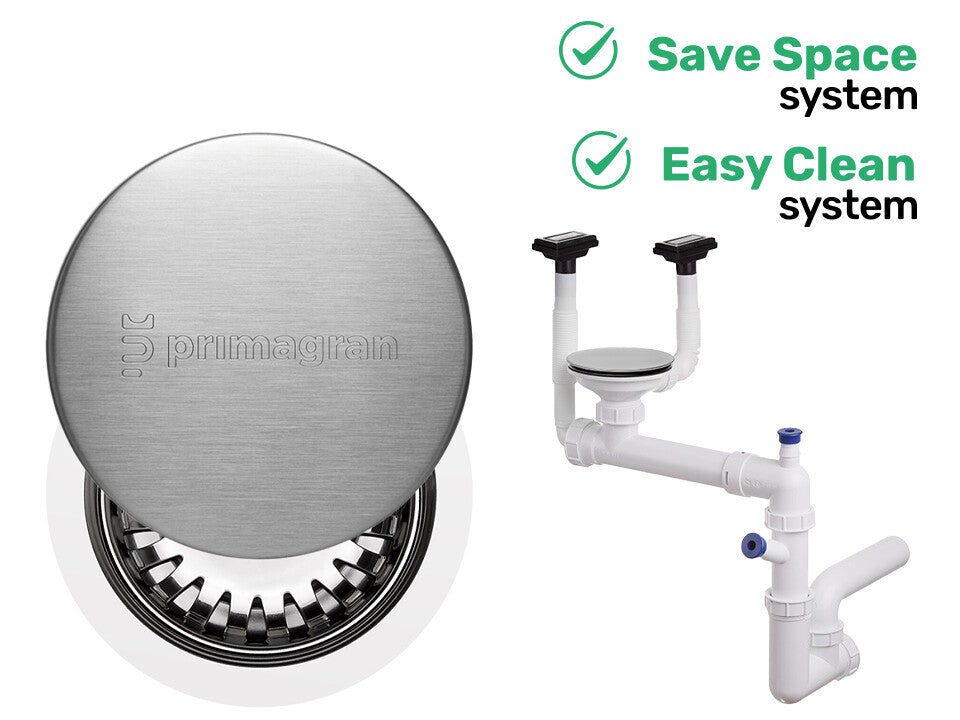 Sifon Save Space + Easy Clean, cuvă simplă, manual cu mască pentru chiuvete de bucătărie sub blat, două preaplinuri verticale