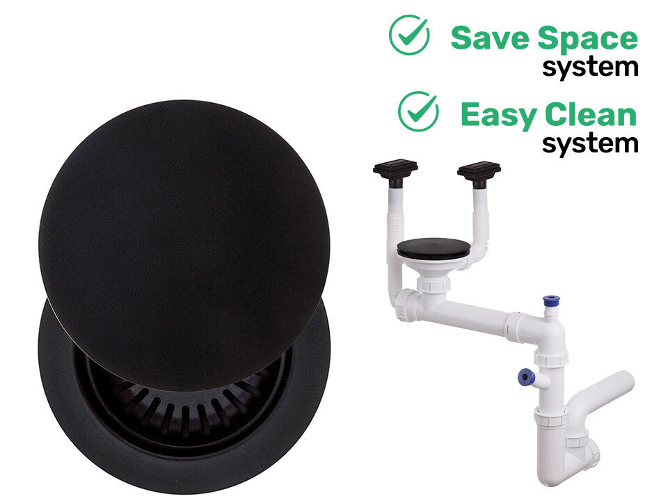 Sifon Save Space + Easy Clean, cuvă simplă, manual cu mască pentru chiuvete de bucătărie sub blat, două preaplinuri verticale