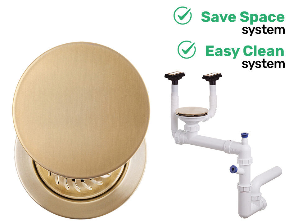 Sifon Save Space + Easy Clean, cuvă simplă, manual cu mască pentru chiuvete de bucătărie sub blat, două preaplinuri verticale