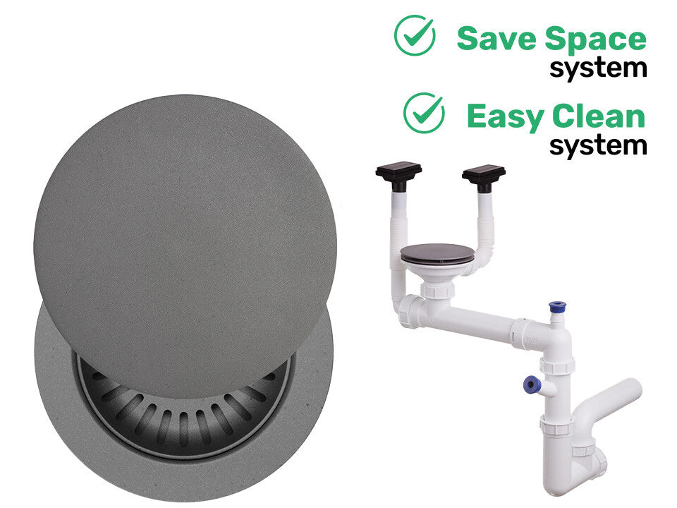 Sifon Save Space + Easy Clean, cuvă simplă, manual cu mască pentru chiuvete de bucătărie sub blat, două preaplinuri verticale