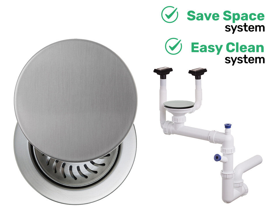 Sifon Save Space + Easy Clean, cuvă simplă, manual cu mască pentru chiuvete de bucătărie sub blat, două preaplinuri verticale