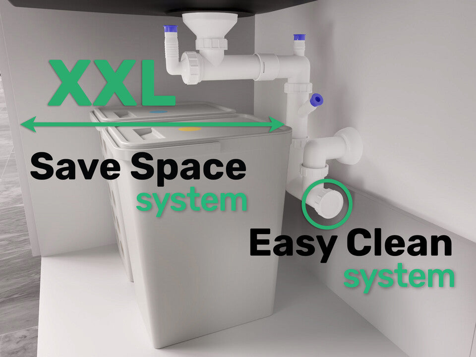 Sifon Save Space + Easy Clean, cuvă simplă, manual cu mască pentru chiuvete de bucătărie sub blat, două preaplinuri verticale