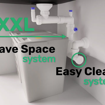 Sifon Save Space + Easy Clean, cuvă simplă, manual cu mască pentru chiuvete de bucătărie sub blat, două preaplinuri verticale
