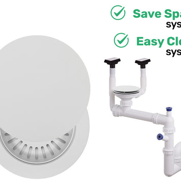 Sifon Save Space + Easy Clean, cuvă simplă, manual cu mască pentru chiuvete de bucătărie sub blat, două preaplinuri verticale