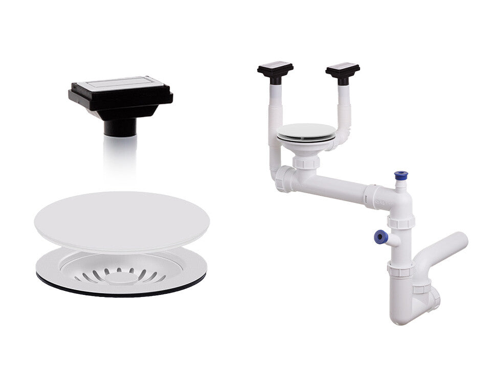 Sifon Save Space + Easy Clean, cuvă simplă, manual cu mască pentru chiuvete de bucătărie sub blat, două preaplinuri verticale