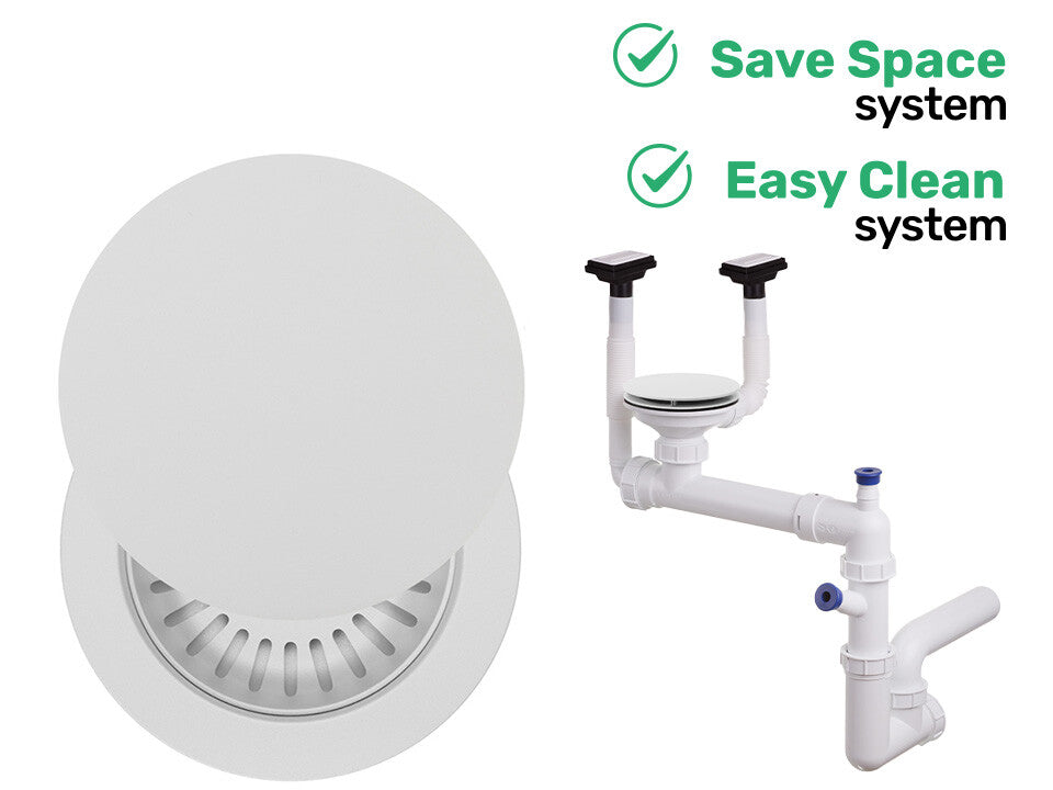 Sifon Save Space + Easy Clean, cuvă simplă, manual cu mască pentru chiuvete de bucătărie sub blat, două preaplinuri verticale