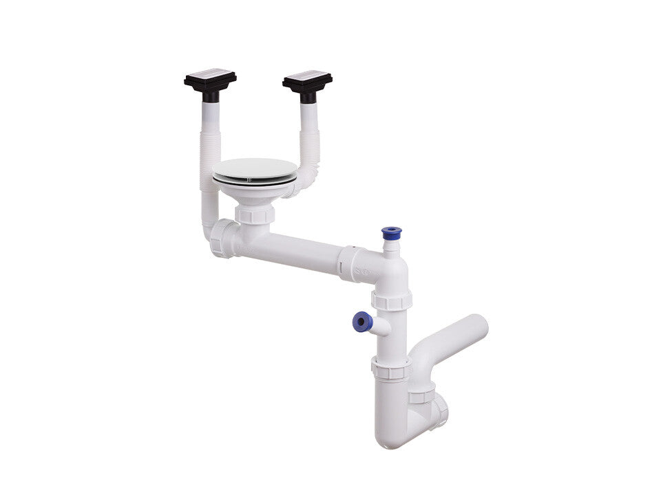Sifon Save Space + Easy Clean, cuvă simplă, manual cu mască pentru chiuvete de bucătărie sub blat, două preaplinuri verticale