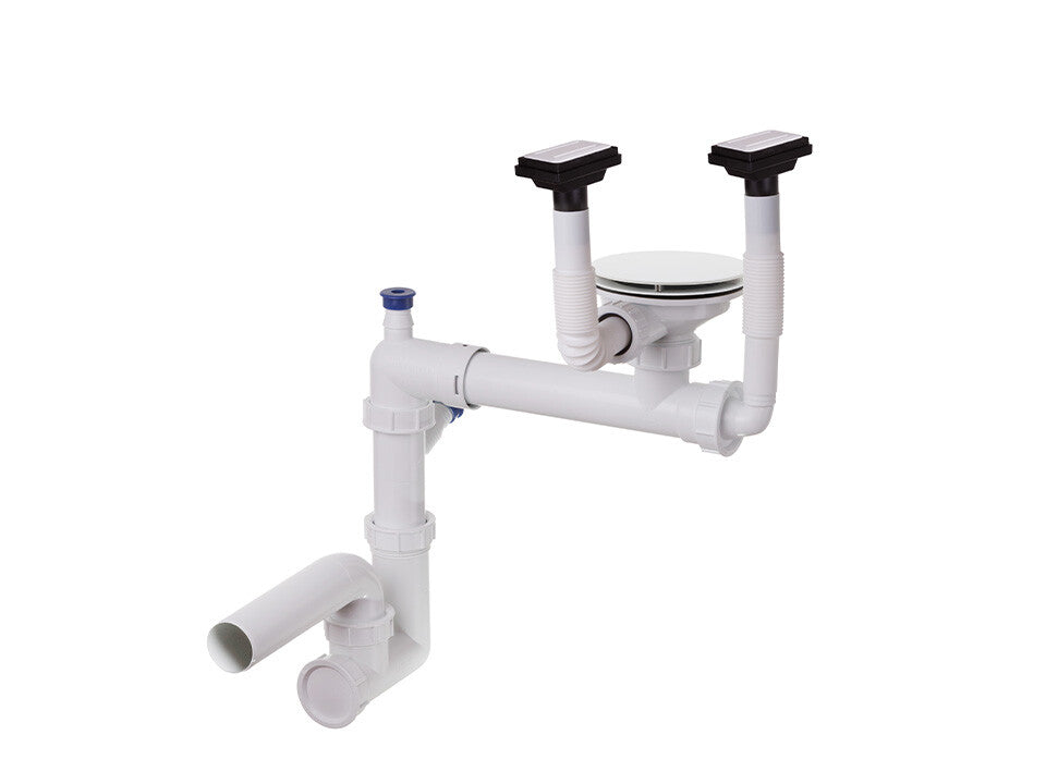 Sifon Save Space + Easy Clean, cuvă simplă, manual cu mască pentru chiuvete de bucătărie sub blat, două preaplinuri verticale