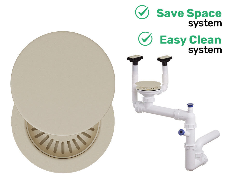 Sifon Save Space + Easy Clean, cuvă simplă, manual cu mască, două preaplinuri verticale