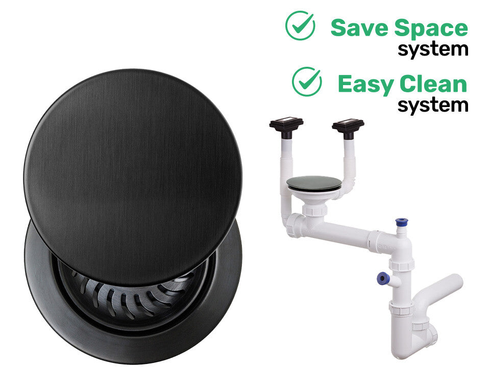 Sifon Save Space + Easy Clean, cuvă simplă, manual cu mască, două preaplinuri verticale