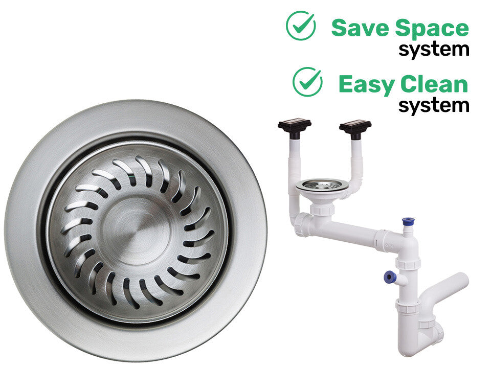 Sifon Save Space + Easy Clean, cuvă simplă, manual, cu două preaplinuri pentru chiuvete sub blat, preaplin vertical