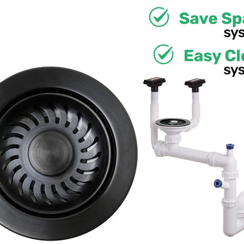 Sifon Save Space + Easy Clean, cuvă simplă, manual, cu două preaplinuri pentru chiuvete sub blat, preaplin vertical