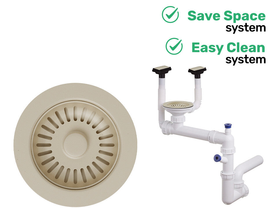 Sifon Save Space + Easy Clean, cuvă simplă, manual, cu două preaplinuri pentru chiuvete sub blat, preaplin vertical