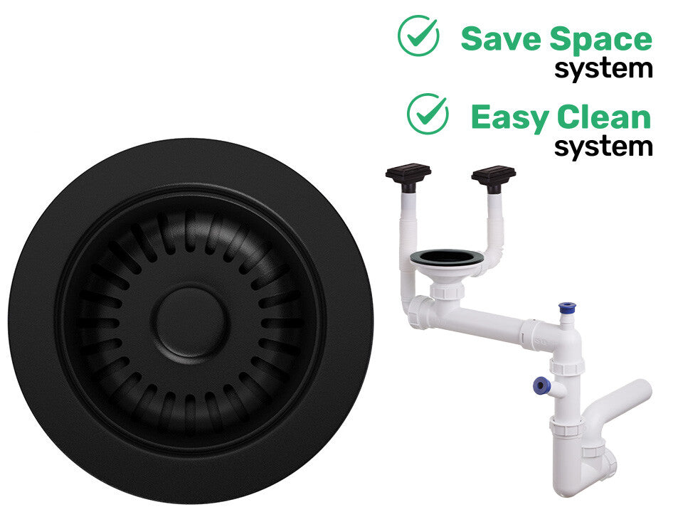 Sifon Save Space + Easy Clean, cuvă simplă, manual, cu două preaplinuri pentru chiuvete sub blat, preaplin vertical