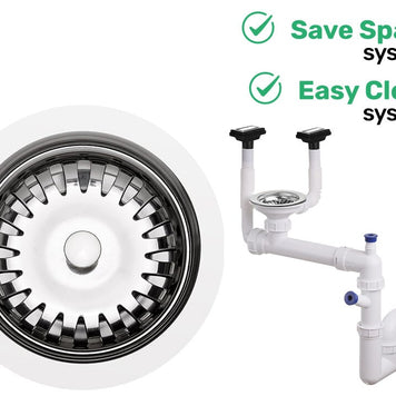 Sifon Save Space + Easy Clean, cuvă simplă, manual, cu două preaplinuri pentru chiuvete sub blat, preaplin vertical