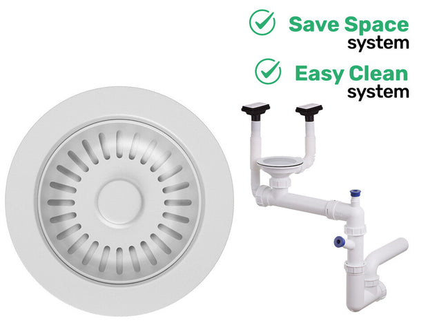 Sifon Save Space + Easy Clean, cuvă simplă, manual, cu două preaplinuri pentru chiuvete sub blat, preaplin vertical