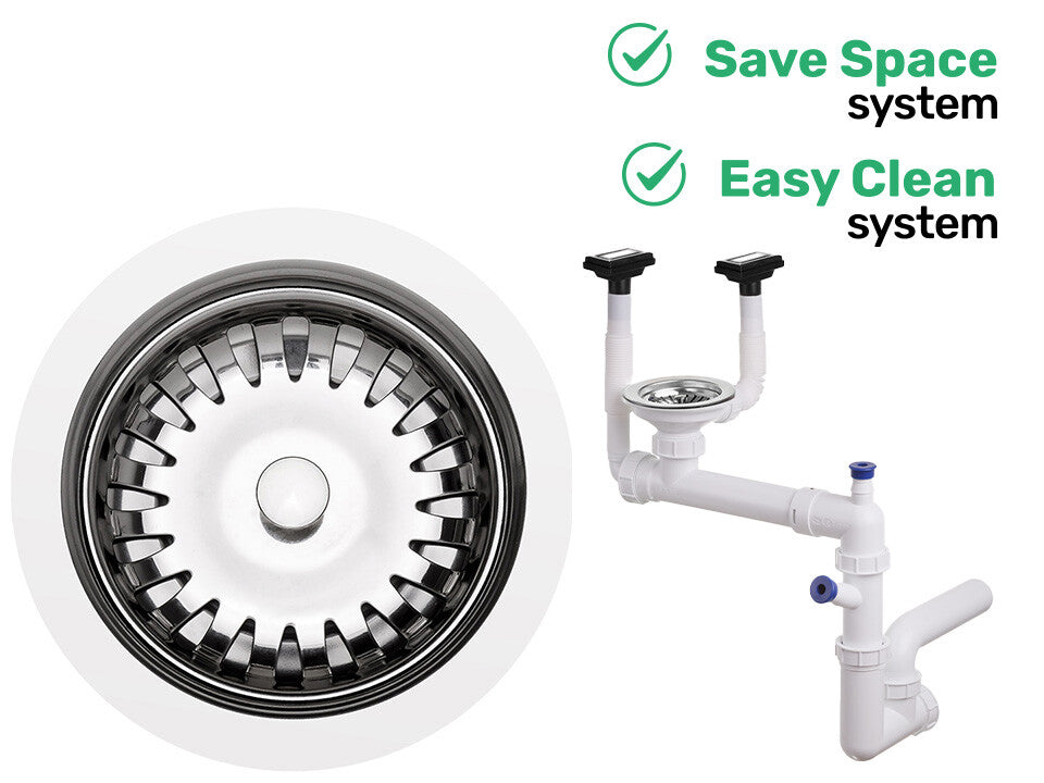 Sifon Save Space + Easy Clean, cuvă simplă, manual, cu două preaplinuri, preaplin vertical