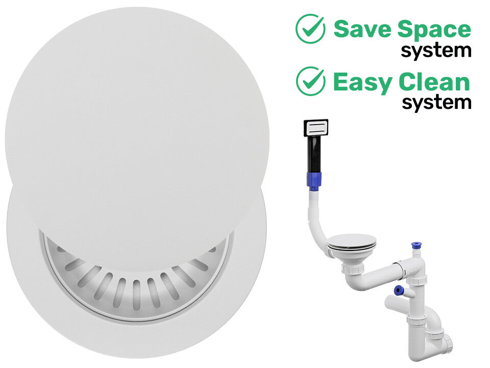 Sifon Save Space + Easy Clean pentru chiuvetă cu o cuvă — manual, cu mască, pentru chiuvete sub blat, preaplin dreptunghiular