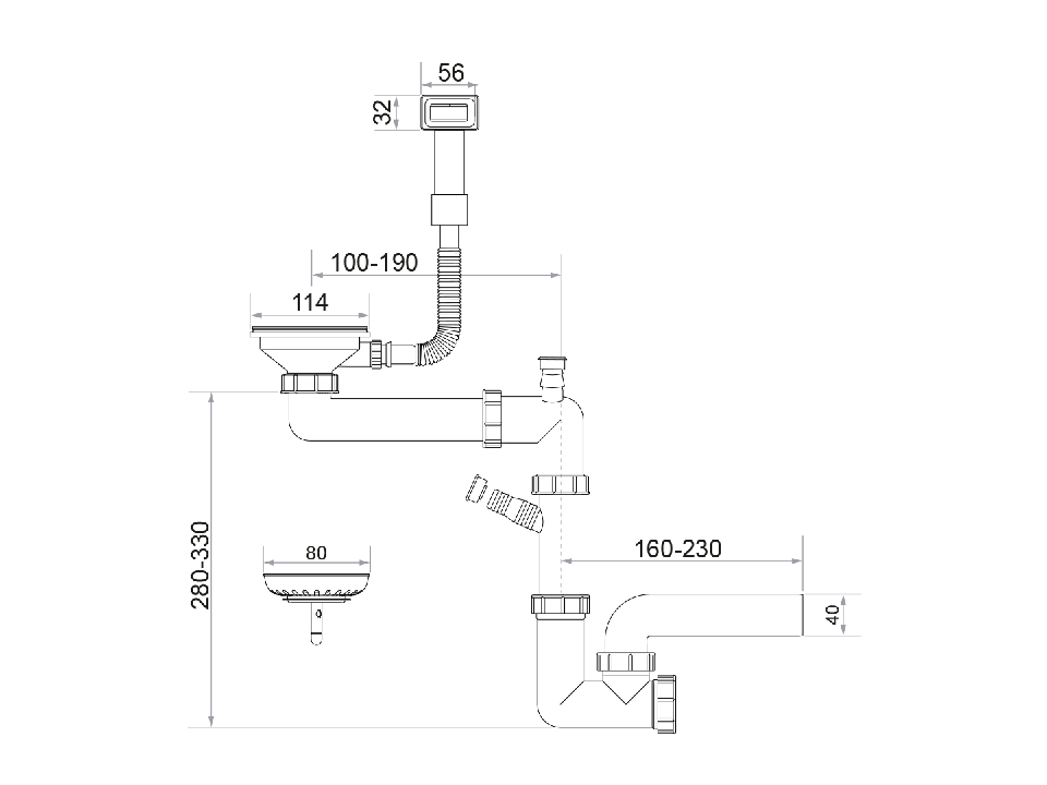 Sifon Save Space + Easy Clean pentru chiuvetă cu o cuvă — manual, cu mască, pentru chiuvete sub blat, preaplin dreptunghiular
