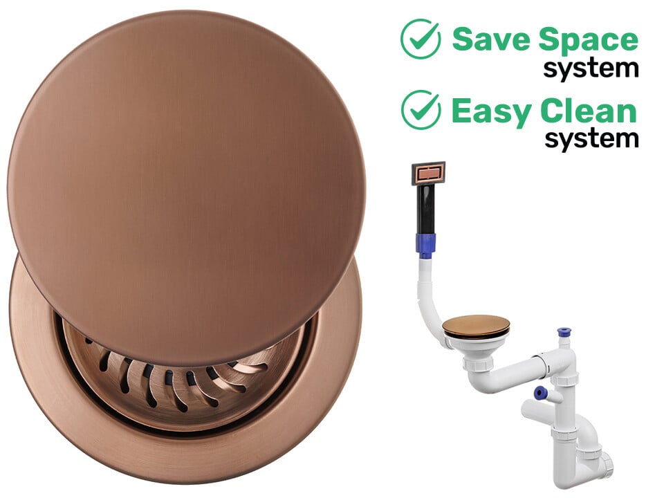 Sifon Save Space + Easy Clean pentru chiuvetă cu o cuvă — manual, cu mască, pentru chiuvete sub blat, preaplin dreptunghiular