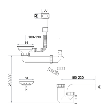 Sifon Save Space + Easy Clean pentru chiuvetă cu o cuvă — manual, cu mască, pentru chiuvete sub blat, preaplin dreptunghiular