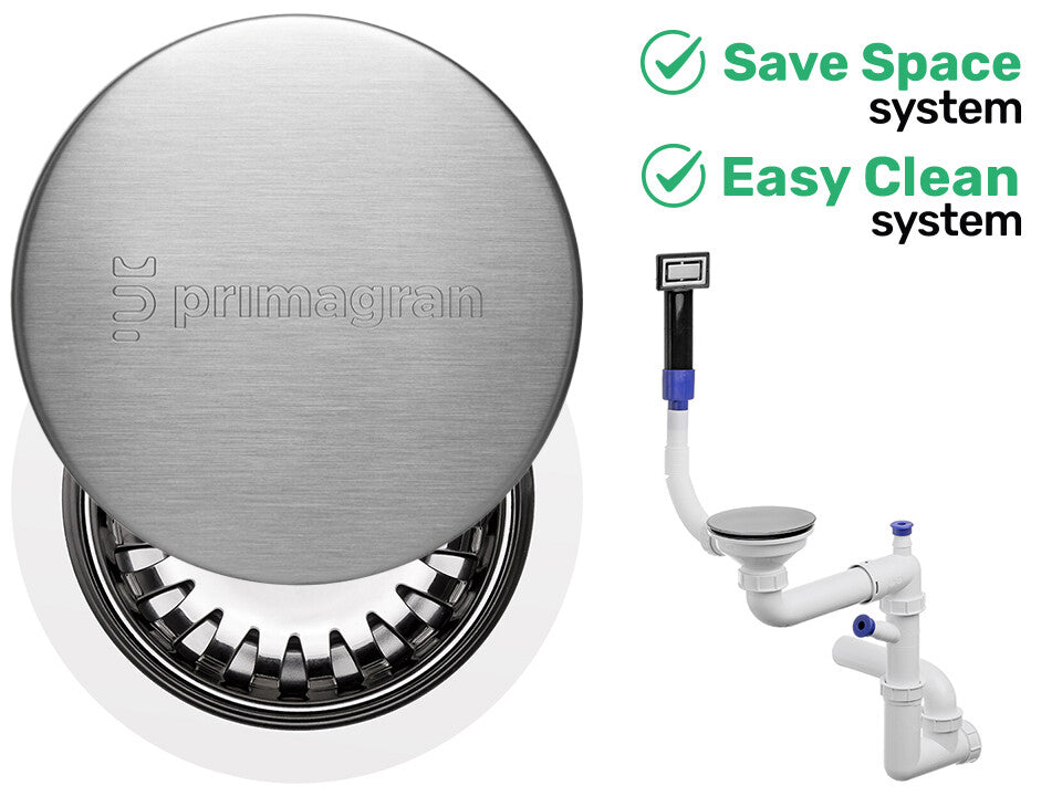 Sifon Save Space + Easy Clean pentru chiuvetă cu o cuvă — manual, cu mască, pentru chiuvete sub blat, preaplin dreptunghiular