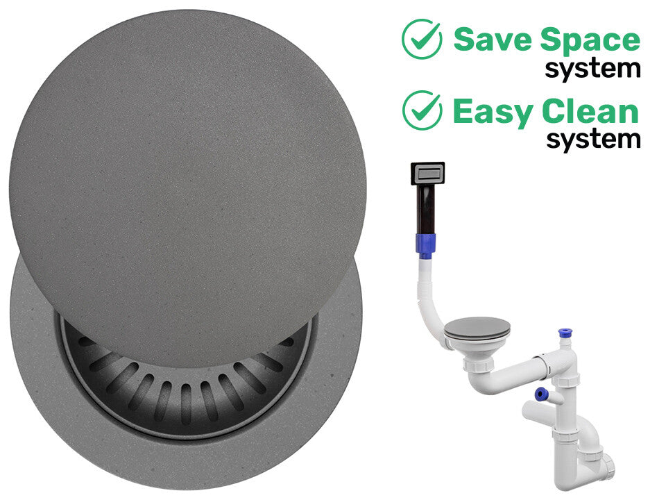 Sifon Save Space + Easy Clean pentru chiuvetă cu o cuvă — manual, cu mască, pentru chiuvete sub blat, preaplin dreptunghiular