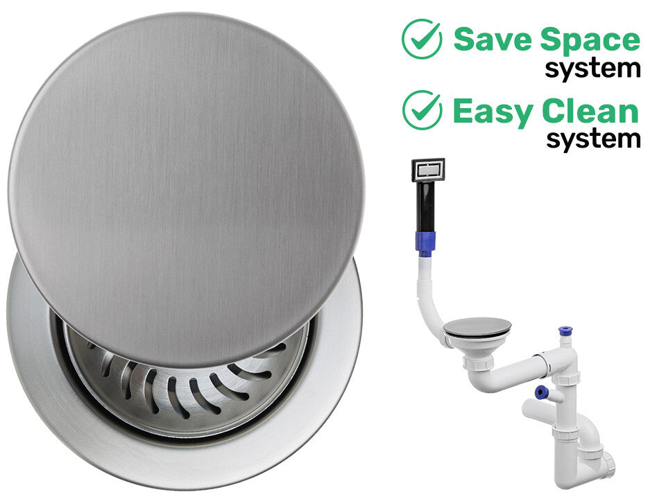 Sifon Save Space + Easy Clean pentru chiuvetă cu o cuvă — manual, cu mască, pentru chiuvete sub blat, preaplin dreptunghiular