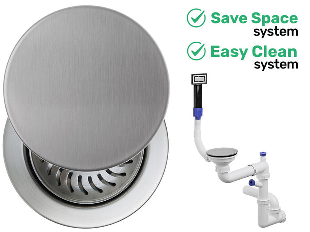 Sifon Save Space + Easy Clean pentru chiuvetă cu o cuvă — manual, cu mască, preaplin vertical