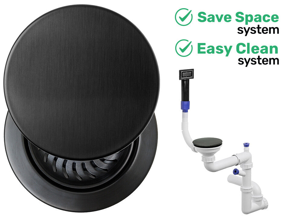 Sifon Save Space + Easy Clean pentru chiuvetă cu o cuvă — manual, cu mască, pentru chiuvete sub blat, preaplin dreptunghiular