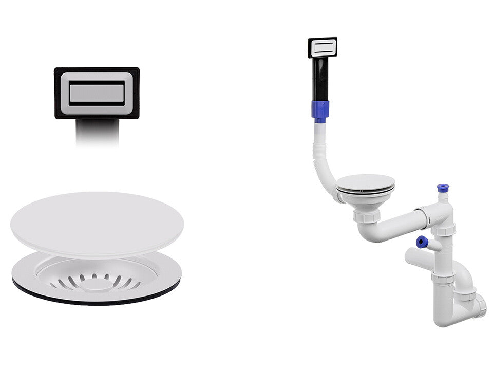 Sifon Save Space + Easy Clean pentru chiuvetă cu o cuvă — manual, cu mască, pentru chiuvete sub blat, preaplin dreptunghiular