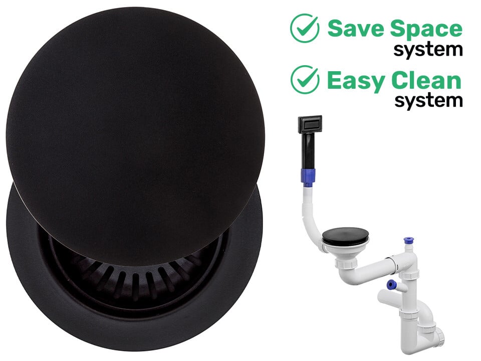 Sifon Save Space + Easy Clean pentru chiuvetă cu o cuvă — manual, cu mască, preaplin dreptunghiular