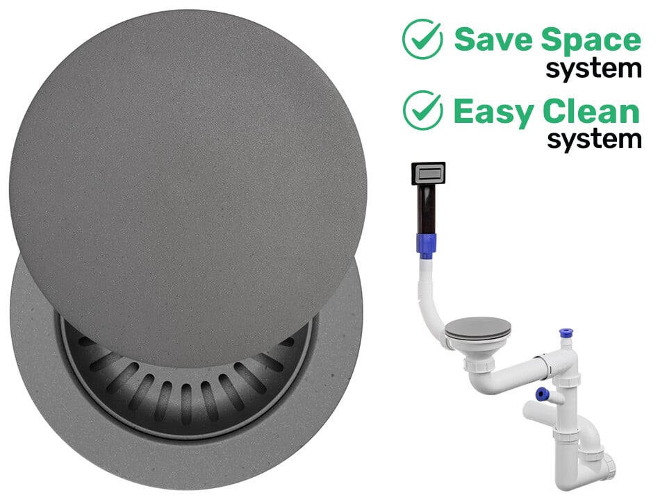Sifon Save Space + Easy Clean pentru chiuvetă cu o cuvă — manual, cu mască, preaplin dreptunghiular