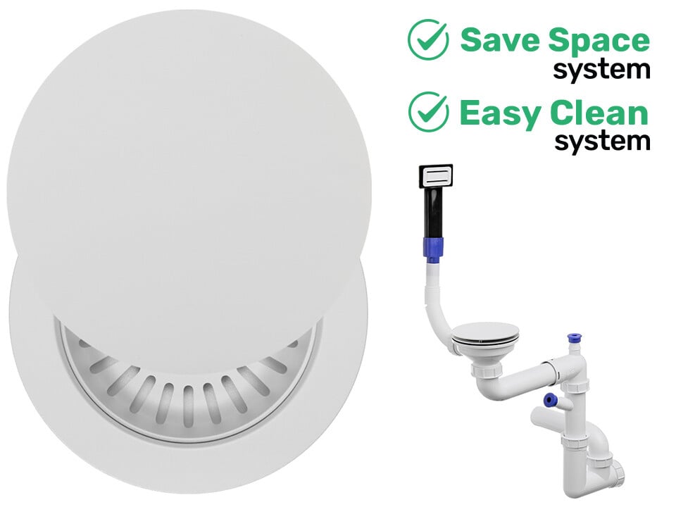 Sifon Save Space + Easy Clean pentru chiuvetă cu o cuvă — manual, cu mască, preaplin dreptunghiular